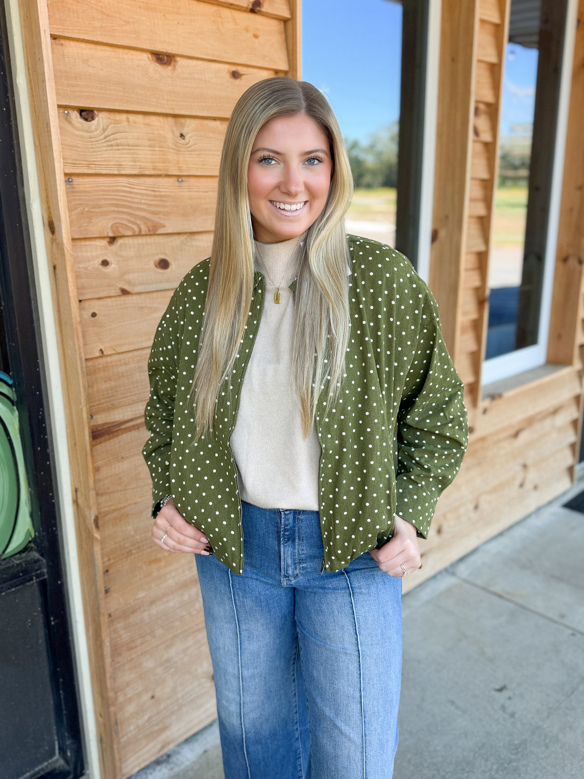 Polka Dot Long Sleeve Jacket - Olive