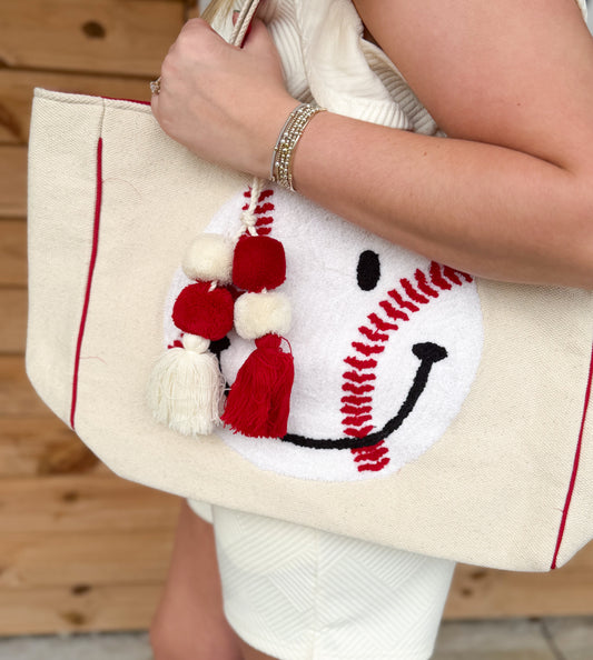 Baseball Oversized Happy Face Tote Bag for Women: Beige Canvas