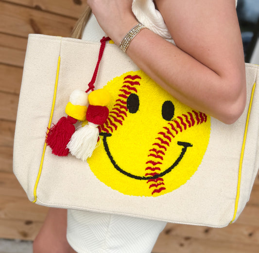 Softball Oversized Happy Face Canvas Tote Bag: Beige Canvas