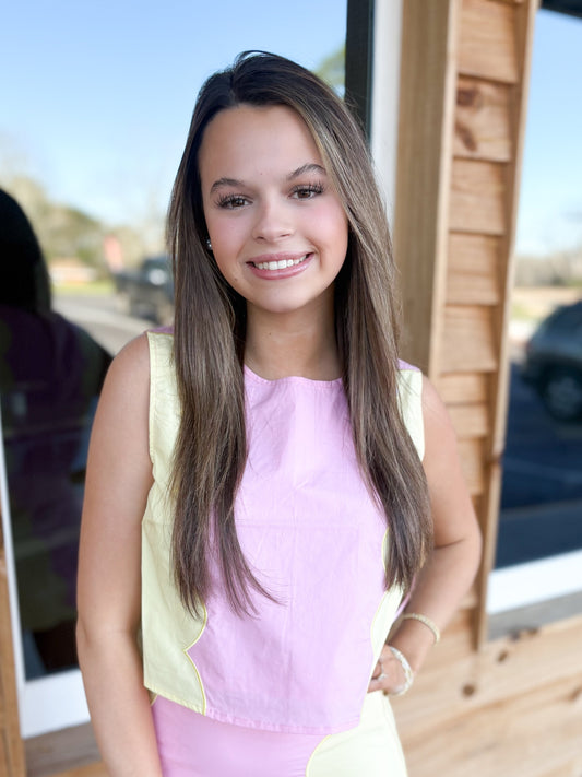 Sleeveless Top w/Contrast Scalloped Panel Top - Pink/Lemon