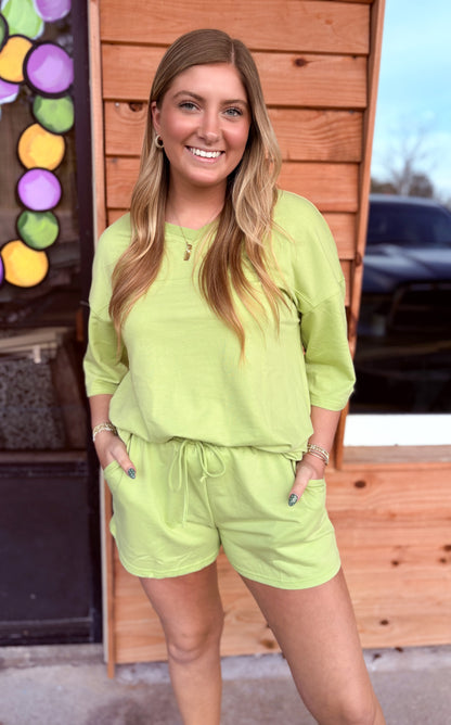 Solid Loose V-Neck Half Sleeve Tee and Shorts Set: Green / Missy