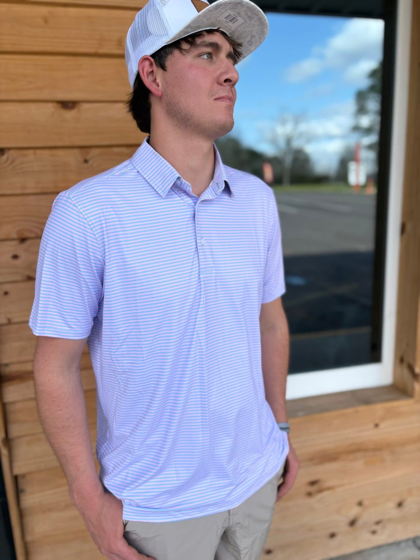 Adult Light Blue & Pink Stripe Polo