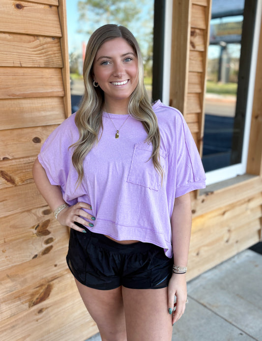 NT11429-Mineral Washed Oversized Crop Comfy Knit Top: LAVENDER