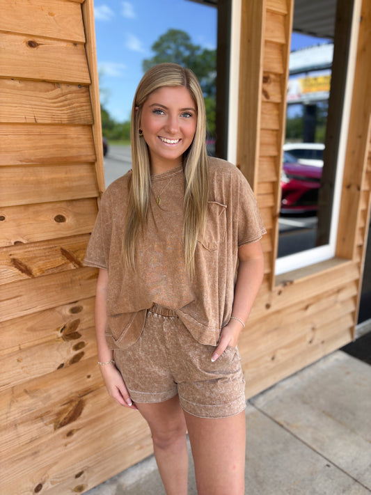 Brown - HALO SNOW WASHED BOXY TOP & SHORTS SET