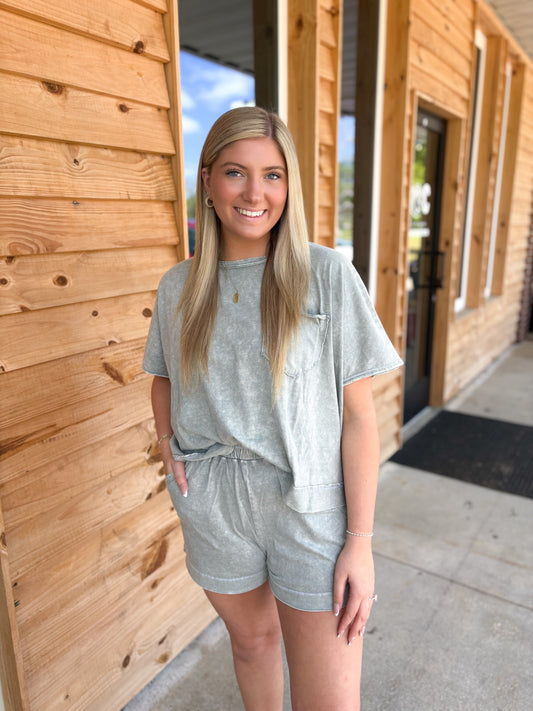 LT Grey - HALO SNOW WASHED BOXY TOP & SHORTS SET