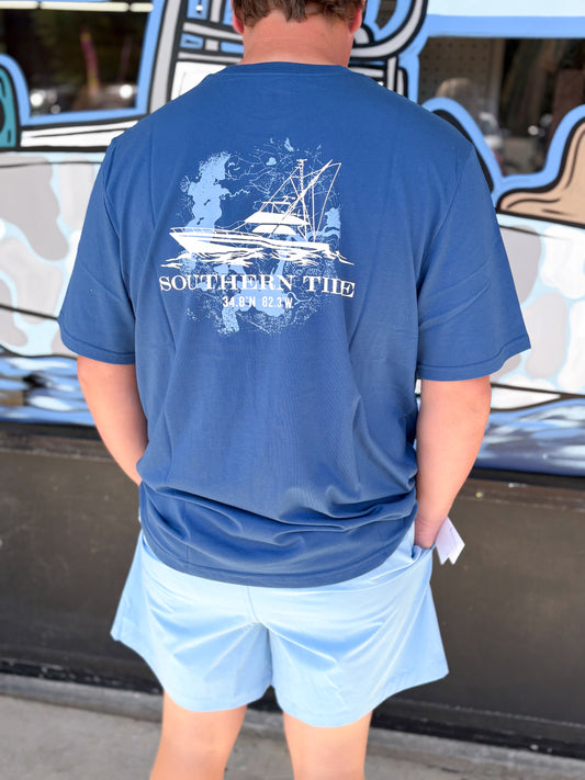 Fishing Boat Coordinates T-shirt: Nautical Blue