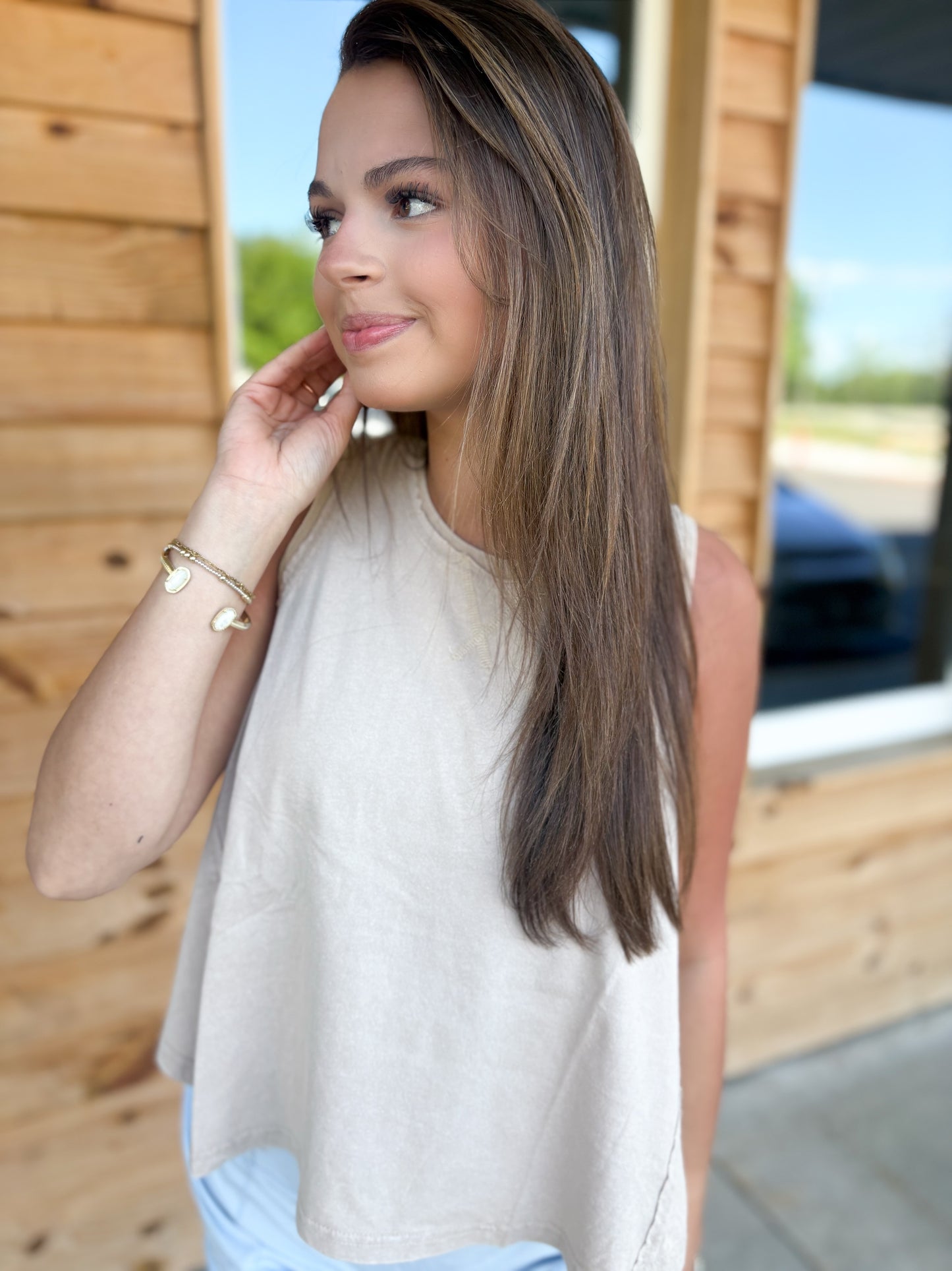 Raw Edge Details Sleeveless Washed Top: TAUPE