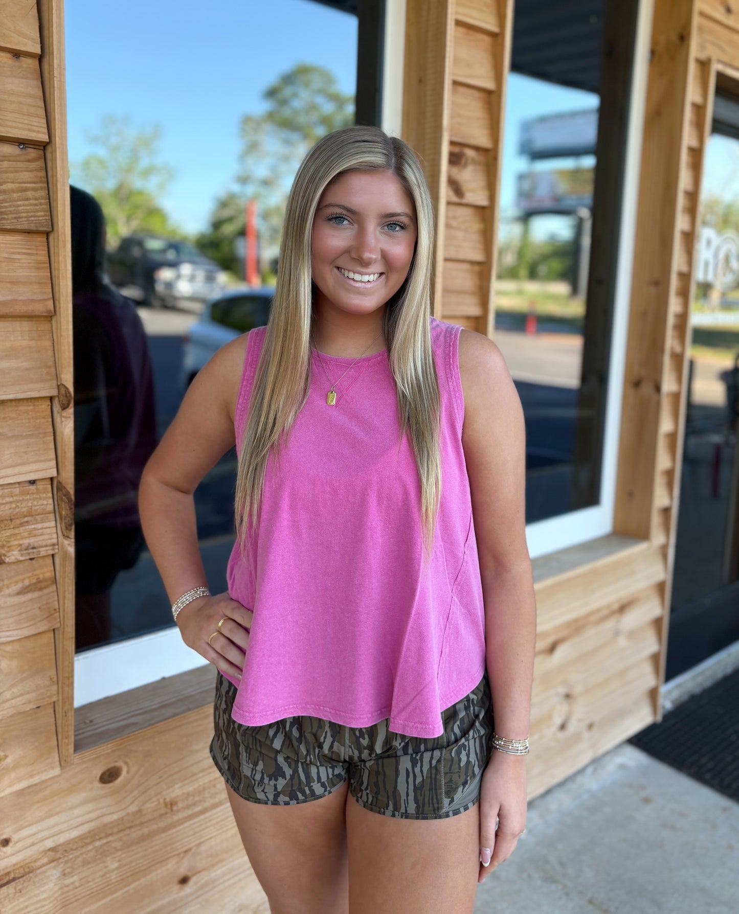 Raw Edge Details Sleeveless Washed Top: FUCHSIA