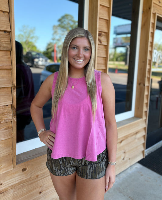 Raw Edge Details Sleeveless Washed Top: FUCHSIA
