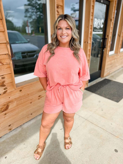 Mineral Washed Knit Casual Top & Shorts: CORAL