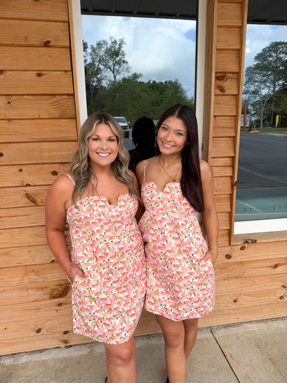 Top Stitch Bustier Floral Print Mini Dress: Peach Multi