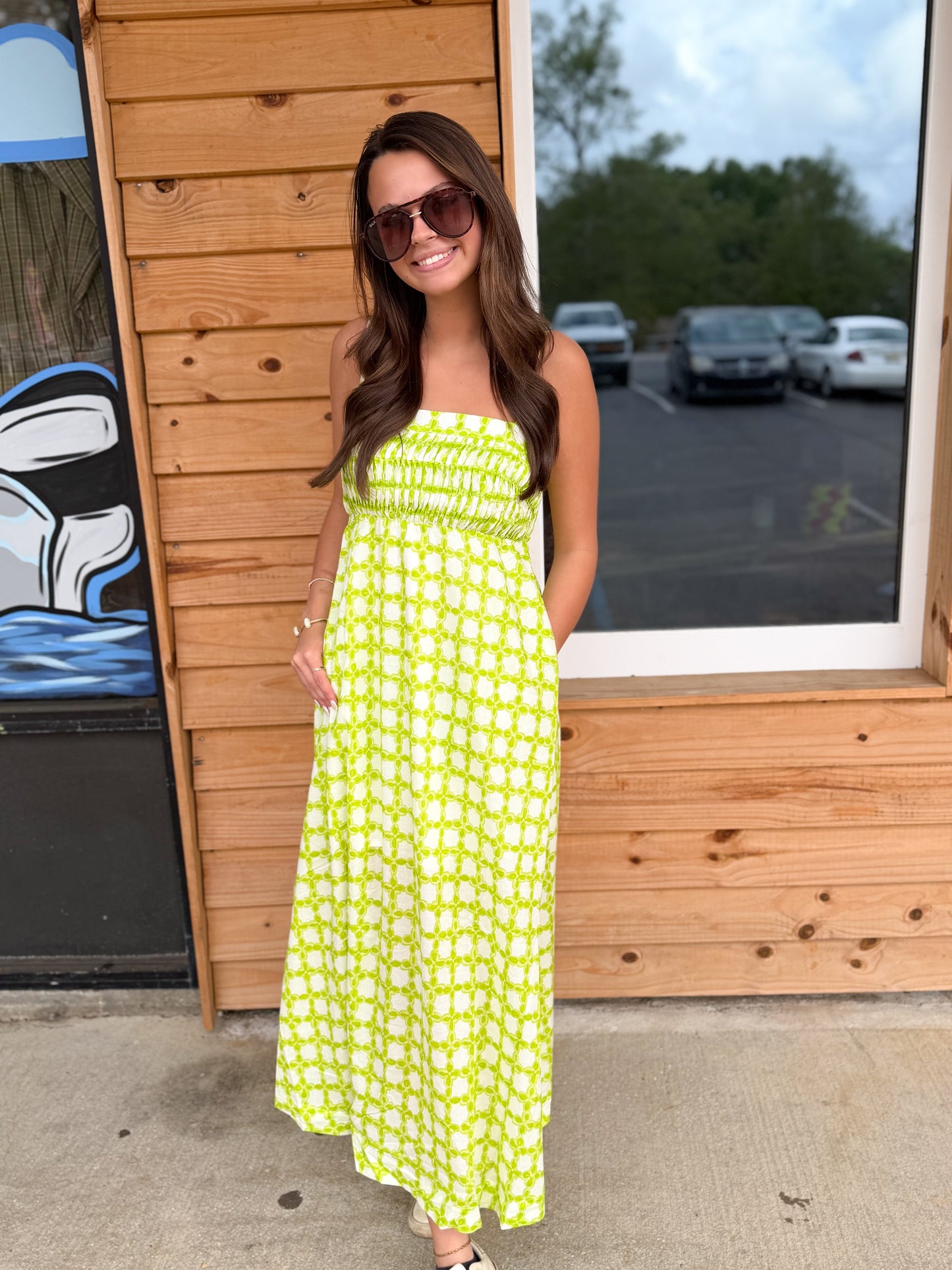 Chainlink Pintucked Sleeveless Midi Dress: Chartreuse Multi