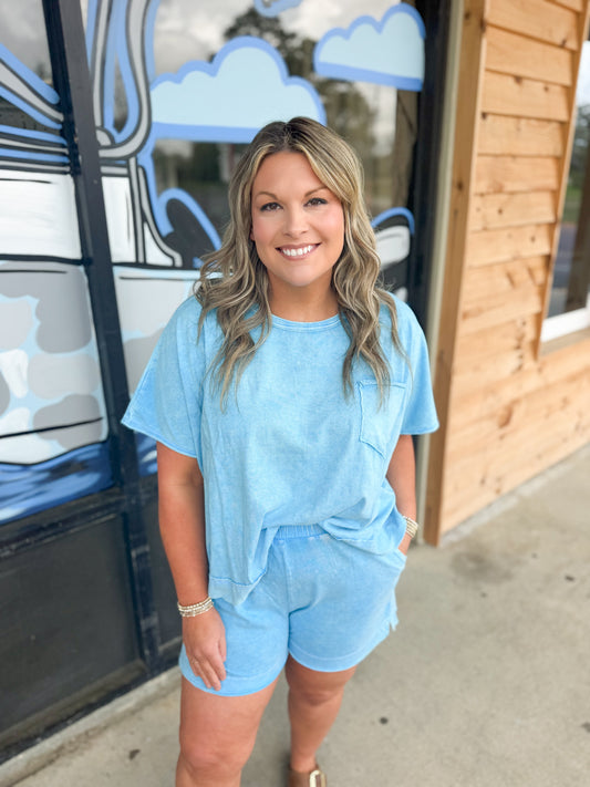 Sky Blue - HALO SNOW WASHED BOXY TOP & SHORTS SET