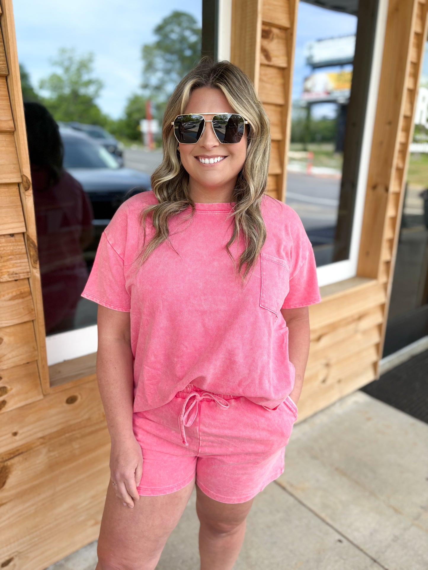 French Terry Acid Washed Relaxed Top & Short Set TTTPW 5372A3- Fuchsia