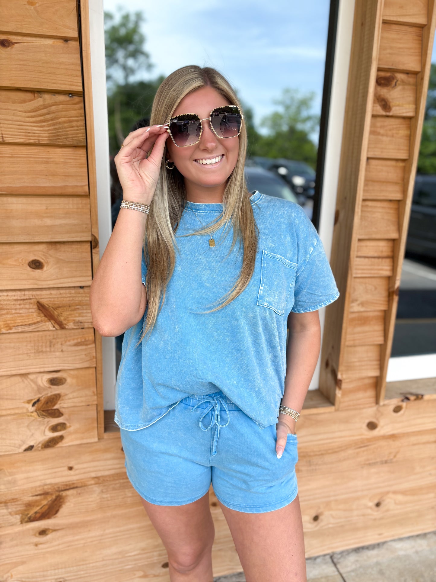French Terry Acid Washed Relaxed Top & Short Set TTTPW 5372A3- Deep Sky