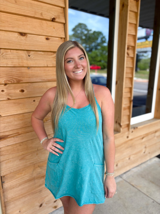 Acid Wash Mini Dress With Built-In Romper Liner - Turquoise - CS- 3405A5