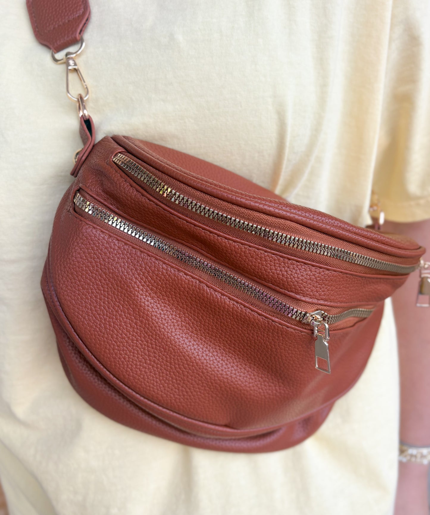 Vegan Leather Multi Pocket Crossbody Chest Bum Bag- CAMEL