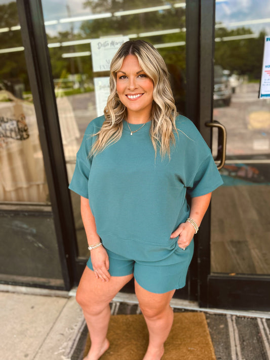 Ribbed round neck waist banded tee & shorts set - Ash Jade - HRTP- 2526Y