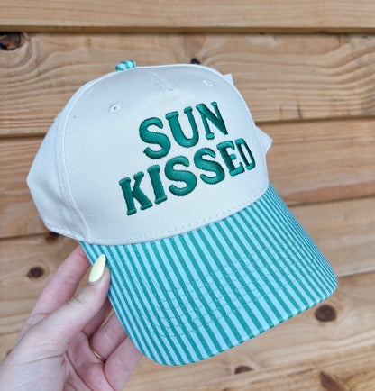 Sunkissed Vintage Trucker Hats Wholesale: Aqua and Green Striped