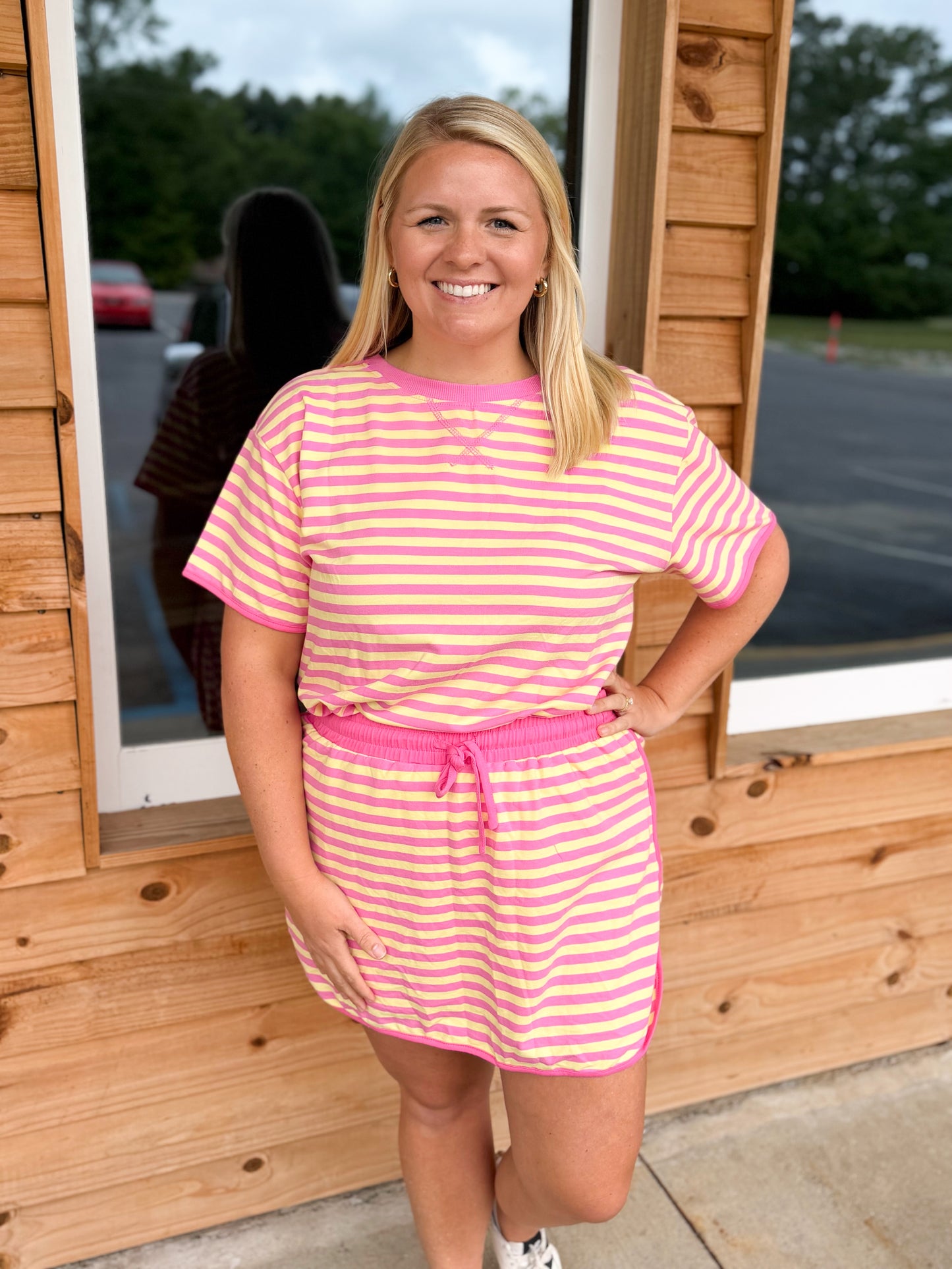 LAS Stripe Short Sleeve Top and Skirt Set: Rose Stripe