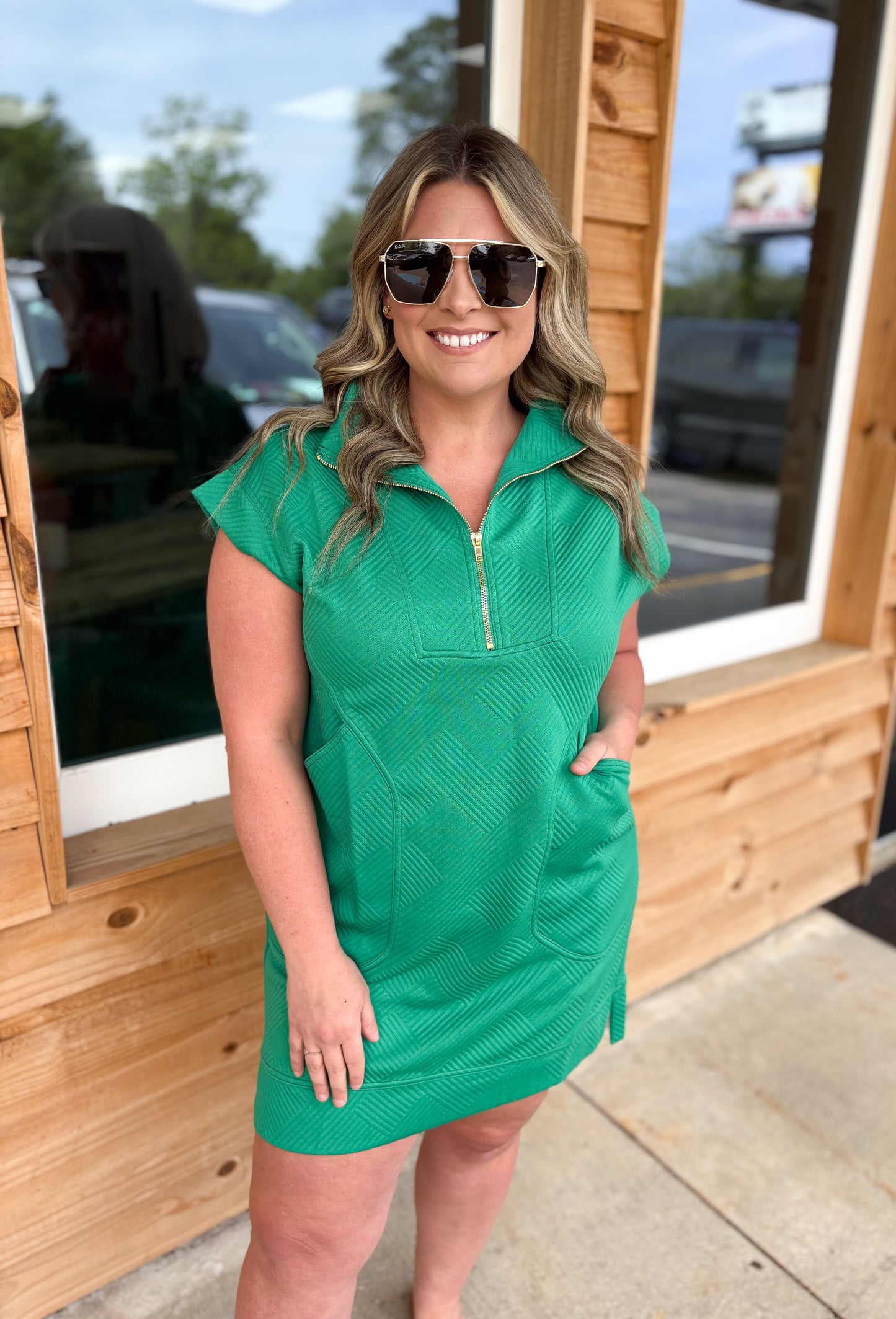 K Green Textured Knit Jacquard Quarter Zipper Mini Dress