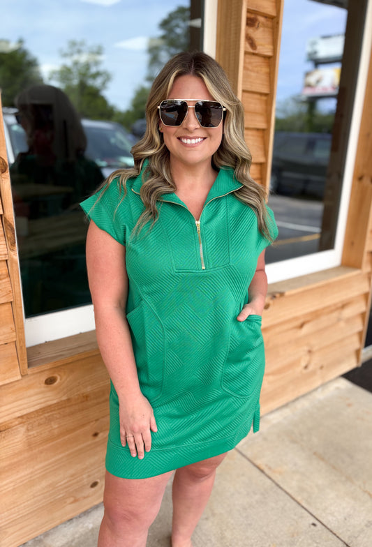 K Green Textured Knit Jacquard Quarter Zipper Mini Dress