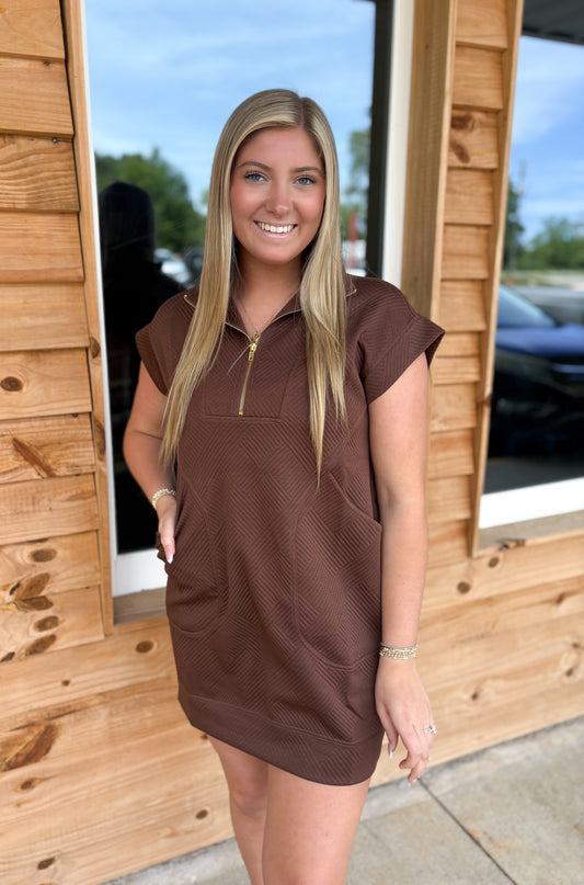 Brown Textured Knit Jacquard Quarter Zipper Mini Dress
