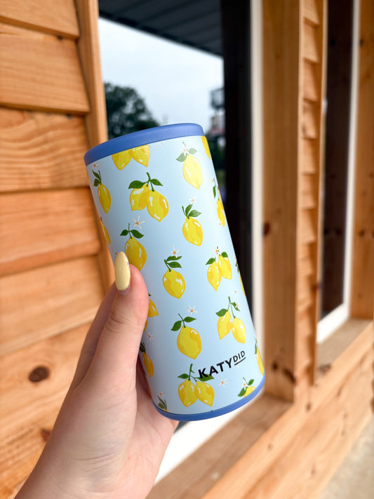 Zesty Lemons Koozie Slim Can Cooler: Light Blue