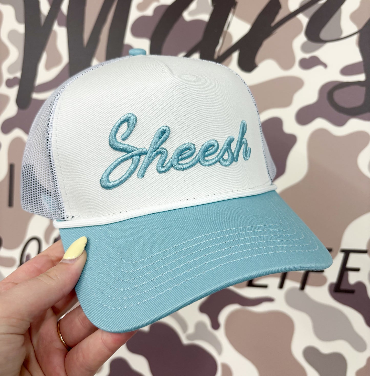 Sheesh Off White & Baby Blue Mesh Rope Trucker Hat