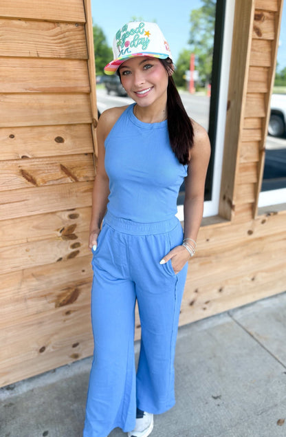 LAS Ribbed Tank Top and Sweatpants Set : Sky Blue / Missy