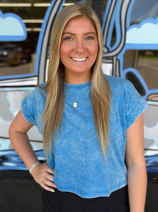 Washed cotton cuffed short sleeve top - Ocean Blue - CTW - 3308Y