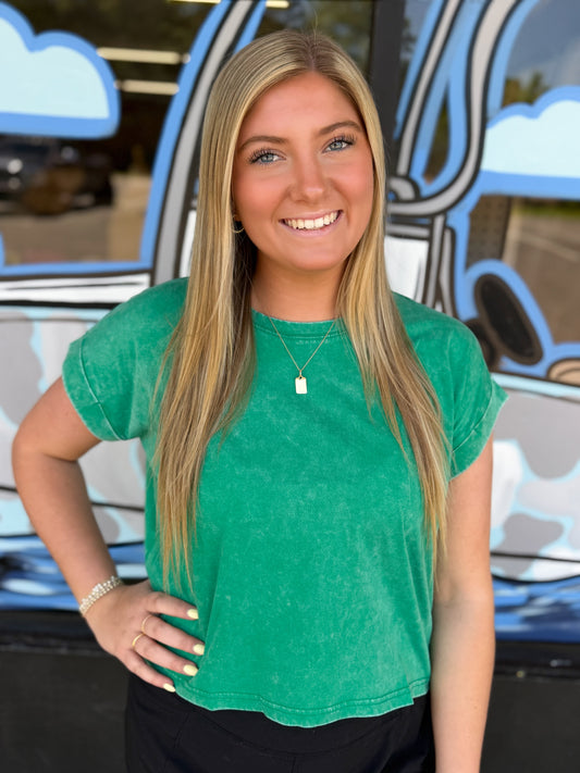 Washed cotton cuffed short sleeve top - K Green - CTW - 3308Y
