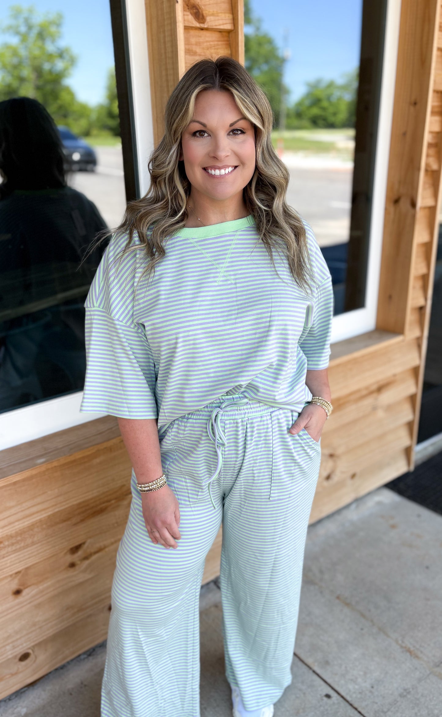 Striped Knit Top and Pants Set: MINT/LILAC