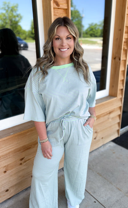 Striped Knit Top and Pants Set: MINT/LILAC