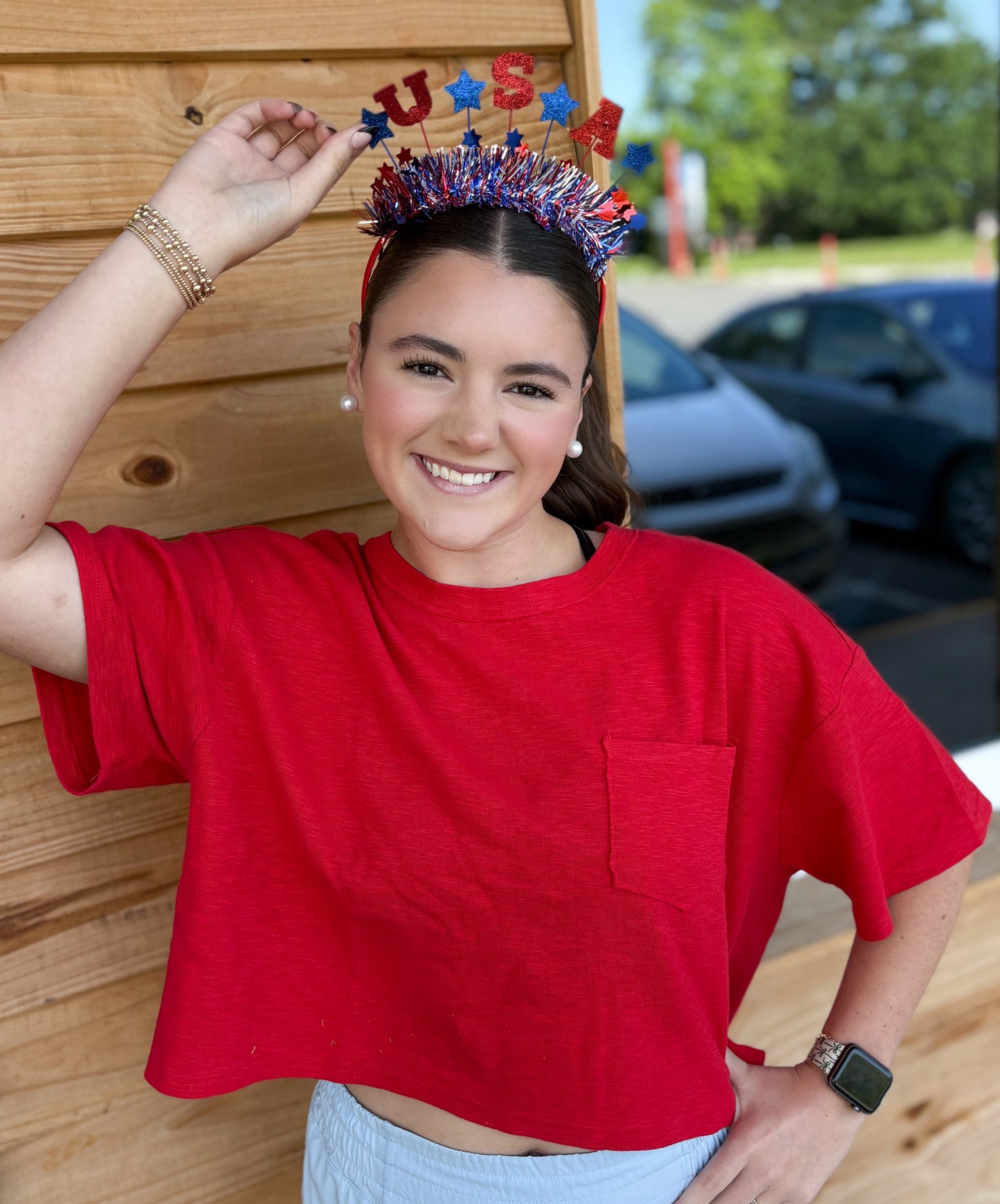 Boxy Crew Neck Top With Pocket: RED
