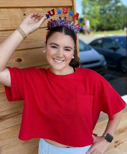 Boxy Crew Neck Top With Pocket: RED