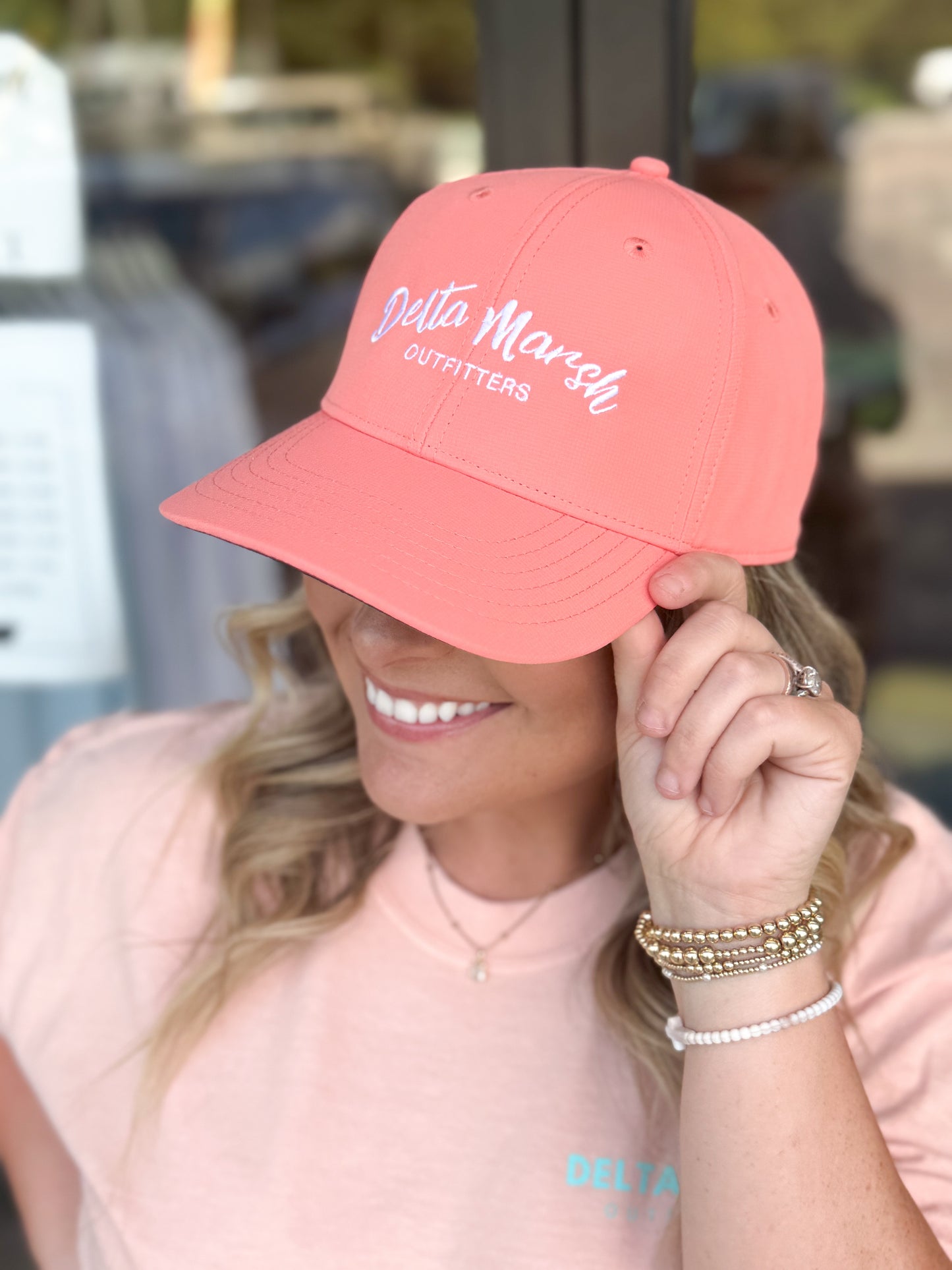 Delta Marsh Coral Relaxed Fit Hat White Writing