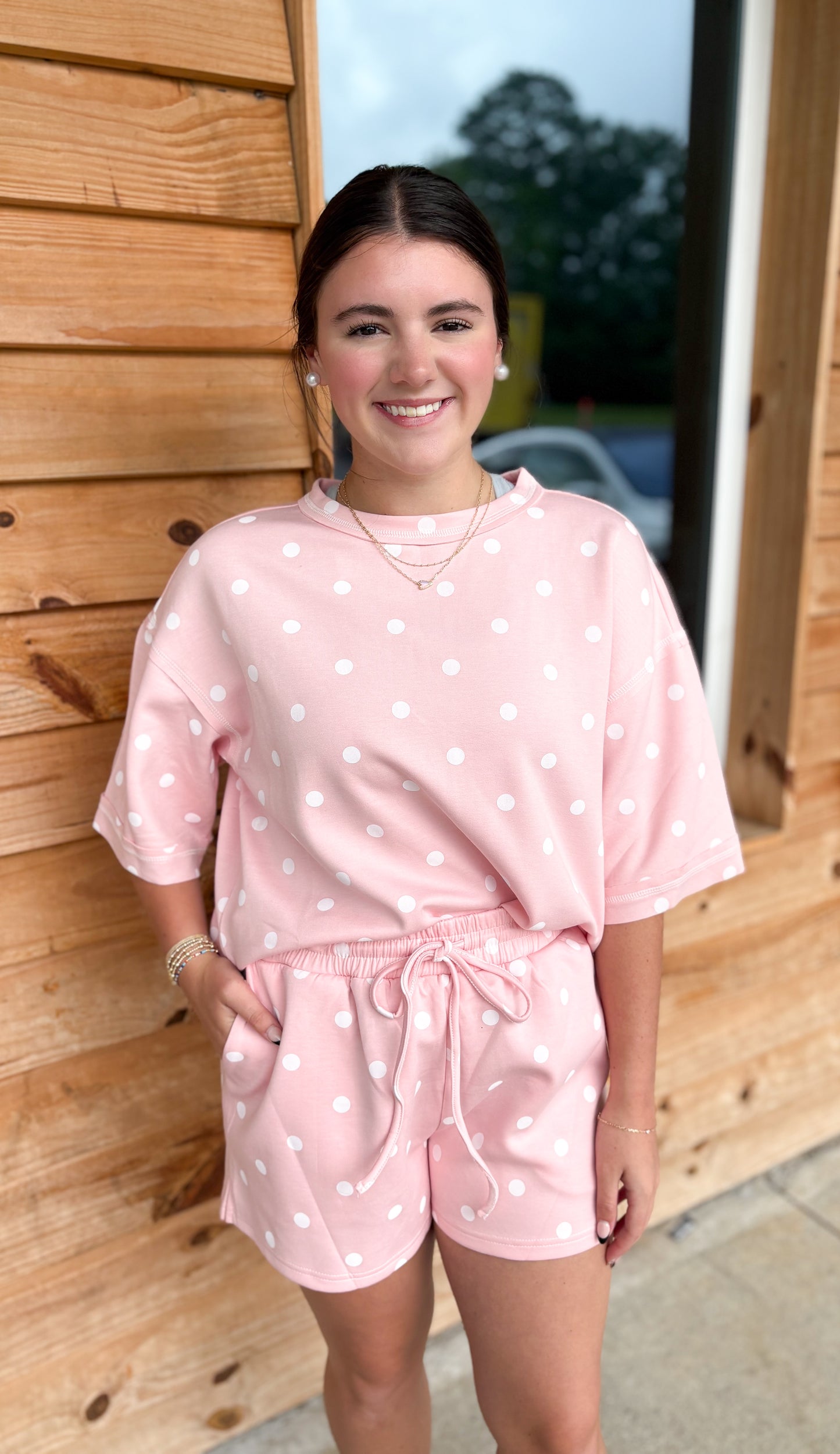 Polka Dot Heavy Scuba Top and Shorts Set: LT PINK/WHITE