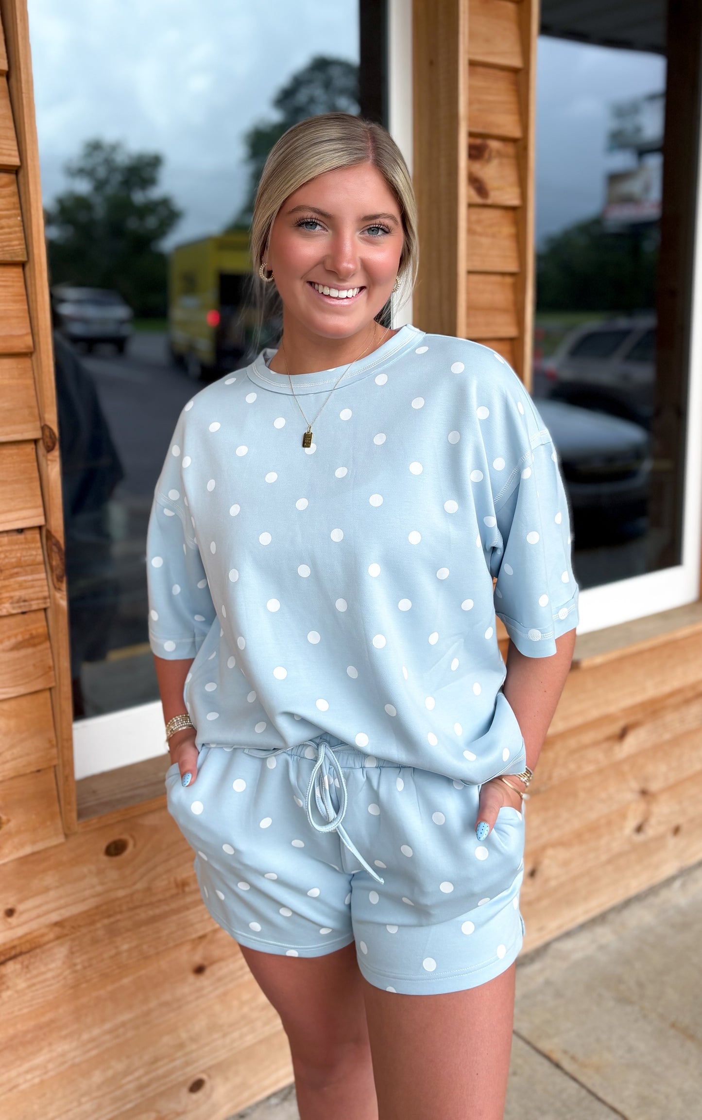 Polka Dot Heavy Scuba Top and Shorts Set: LT BLUE/WHITE