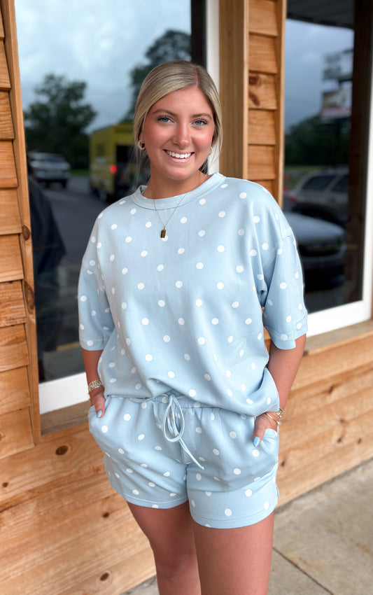 Polka Dot Heavy Scuba Top and Shorts Set: LT BLUE/WHITE