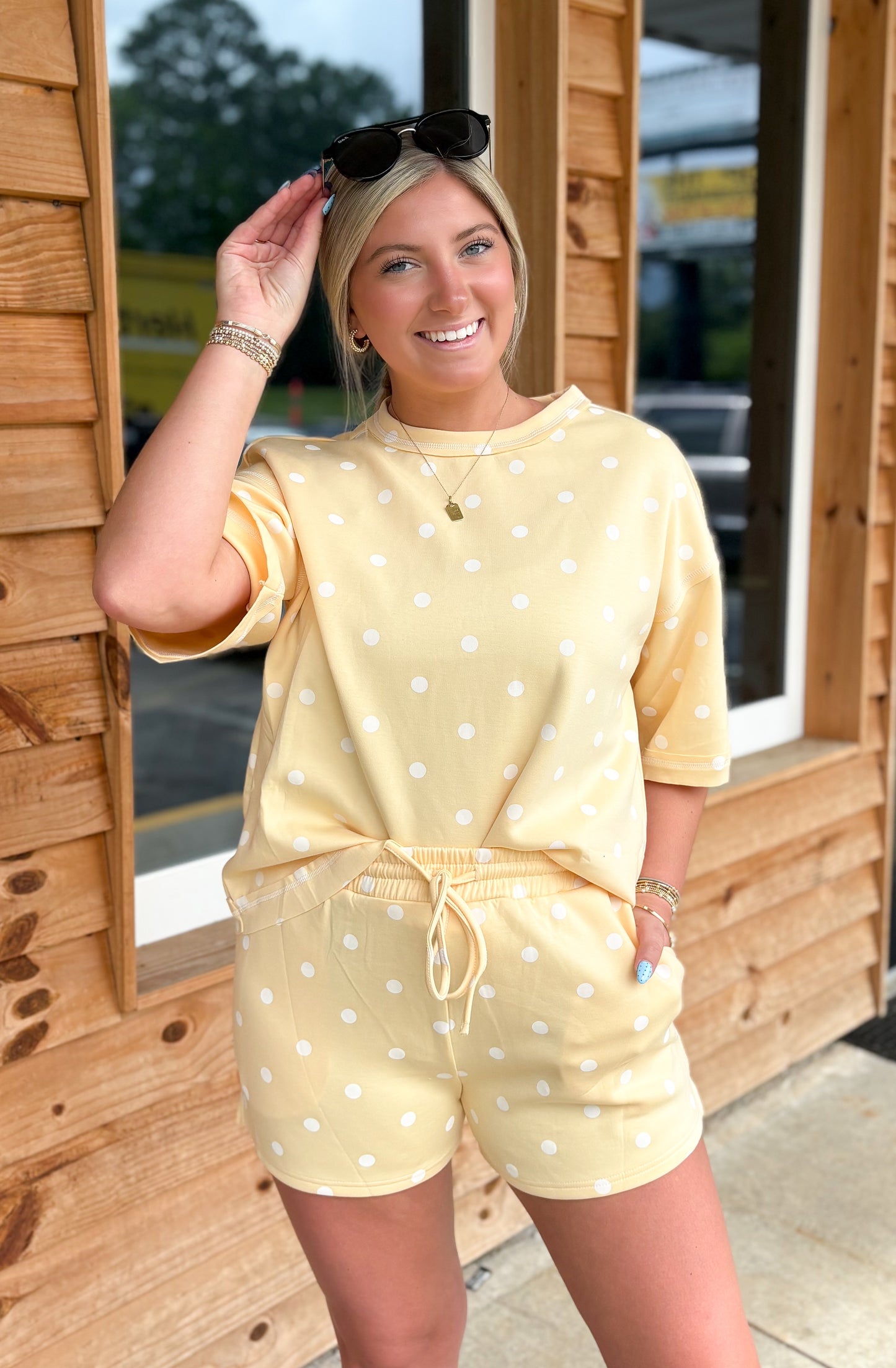 Polka Dot Heavy Scuba Top and Shorts Set: LT YELLOW/WHITE