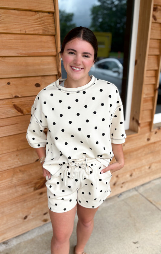Polka Dot Heavy Scuba Top and Shorts Set: CREAM/BLACK