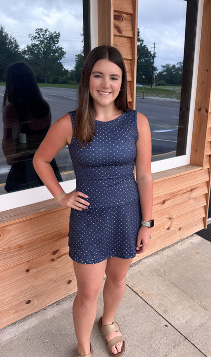 Polka Dot Print A-Line Mini Dress with Drop Waist: Navy Polka Dot