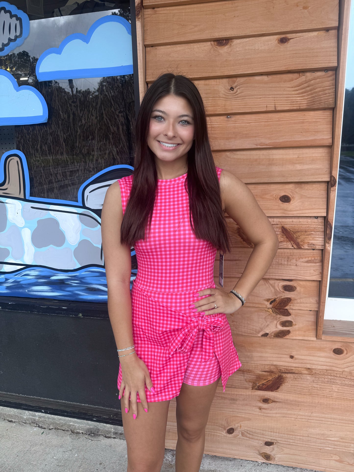 Gingham Print Sleeveless Wrap Tie Front Dress : Hot Pink Gingham