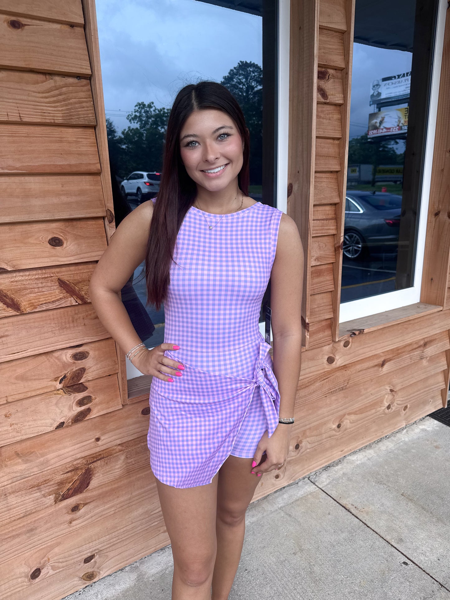 Gingham Print Sleeveless Wrap Tie Front Dress : Purple Gingham