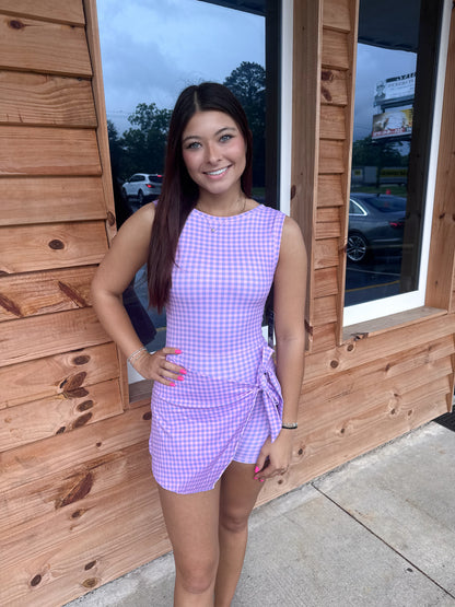 Gingham Print Sleeveless Wrap Tie Front Dress : Purple Gingham