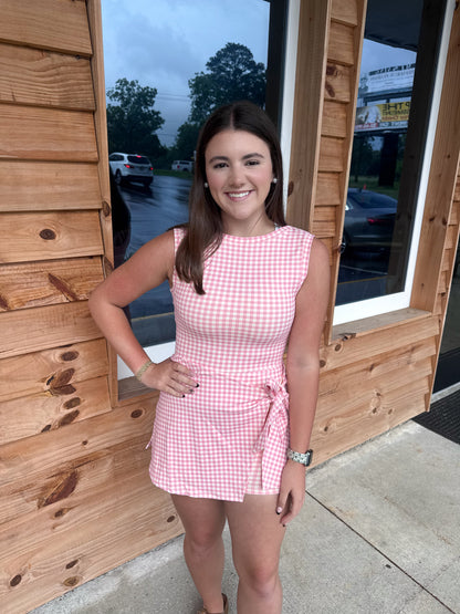 Gingham Print Sleeveless Wrap Tie Front Dress : Pink Gingham