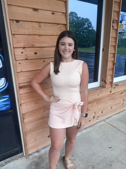 Gingham Print Sleeveless Wrap Tie Front Dress : Peach Gingham