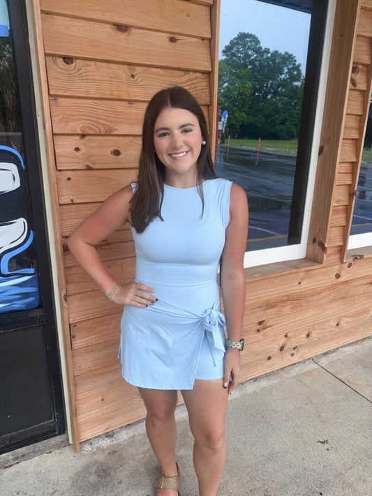 Sleeveless Wrap Tie Front Dress: Blue
