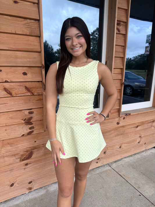 Polka Dot Print A-Line Mini Dress with Drop Waist: Lemon Polka Dot